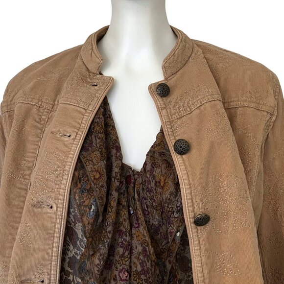 Vintage Y2K Tan Corduroy Jacket Tonal Floral Embroidered Medium Boho Cottagecore - Picture 7 of 13